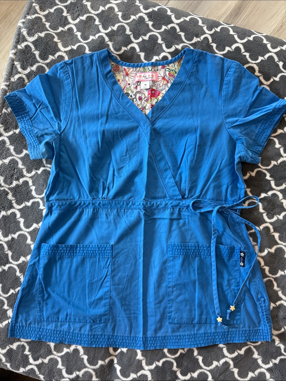 koi Royal Blue Wrap Scrub Top with Floral Lining